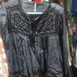 Free People: deep teal embroidered top